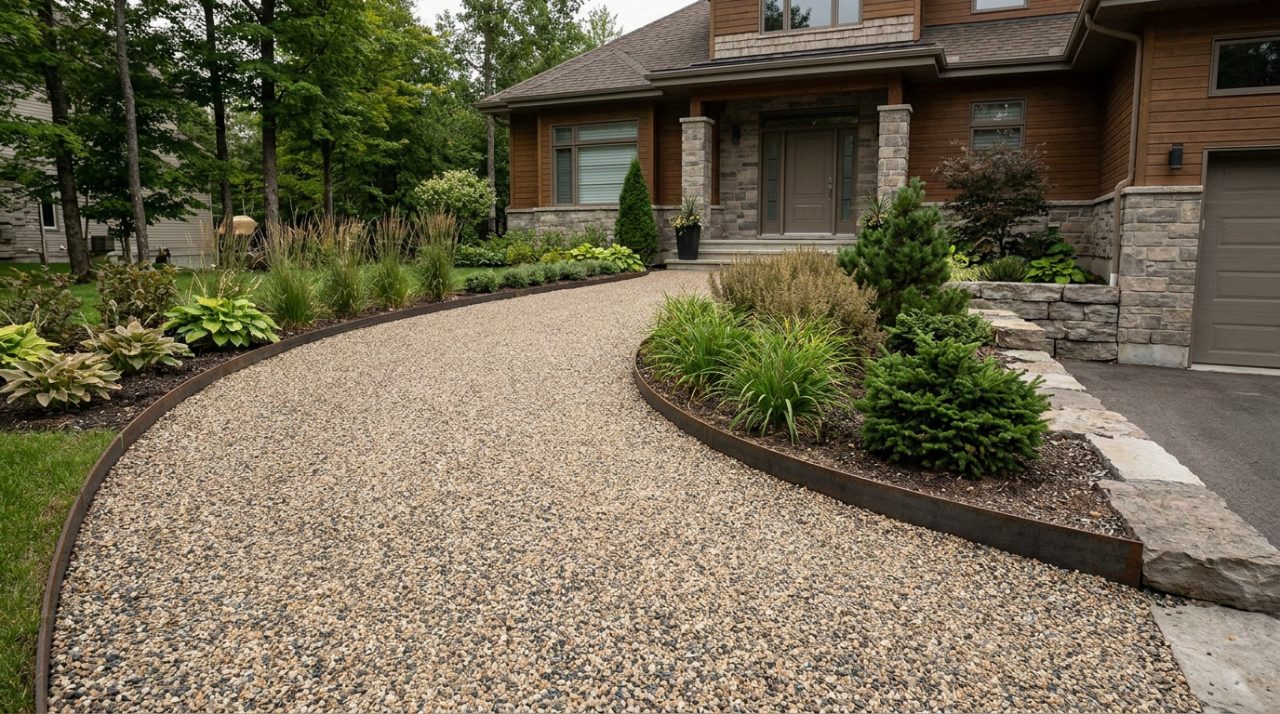 Sentier en gravier décoratif · bordures acier corten